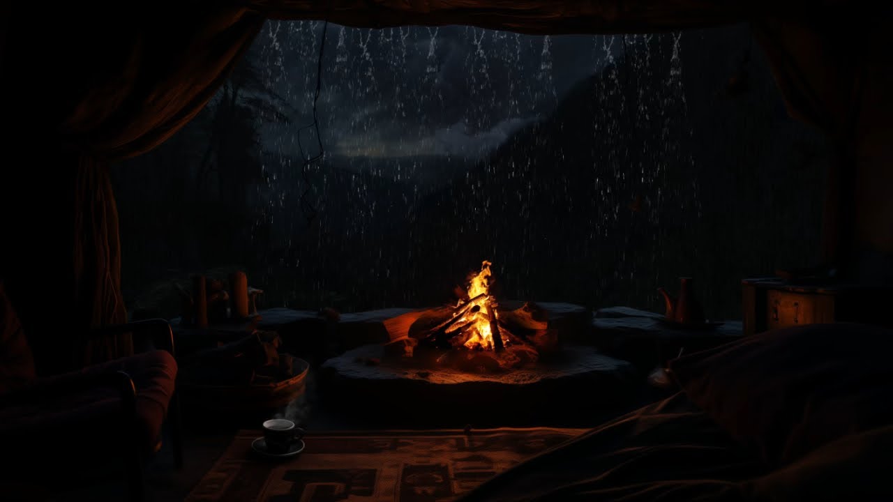 80Fireplace Crackles & Rain on Cabin Roof 🔥 Cozy Ambience for Slee