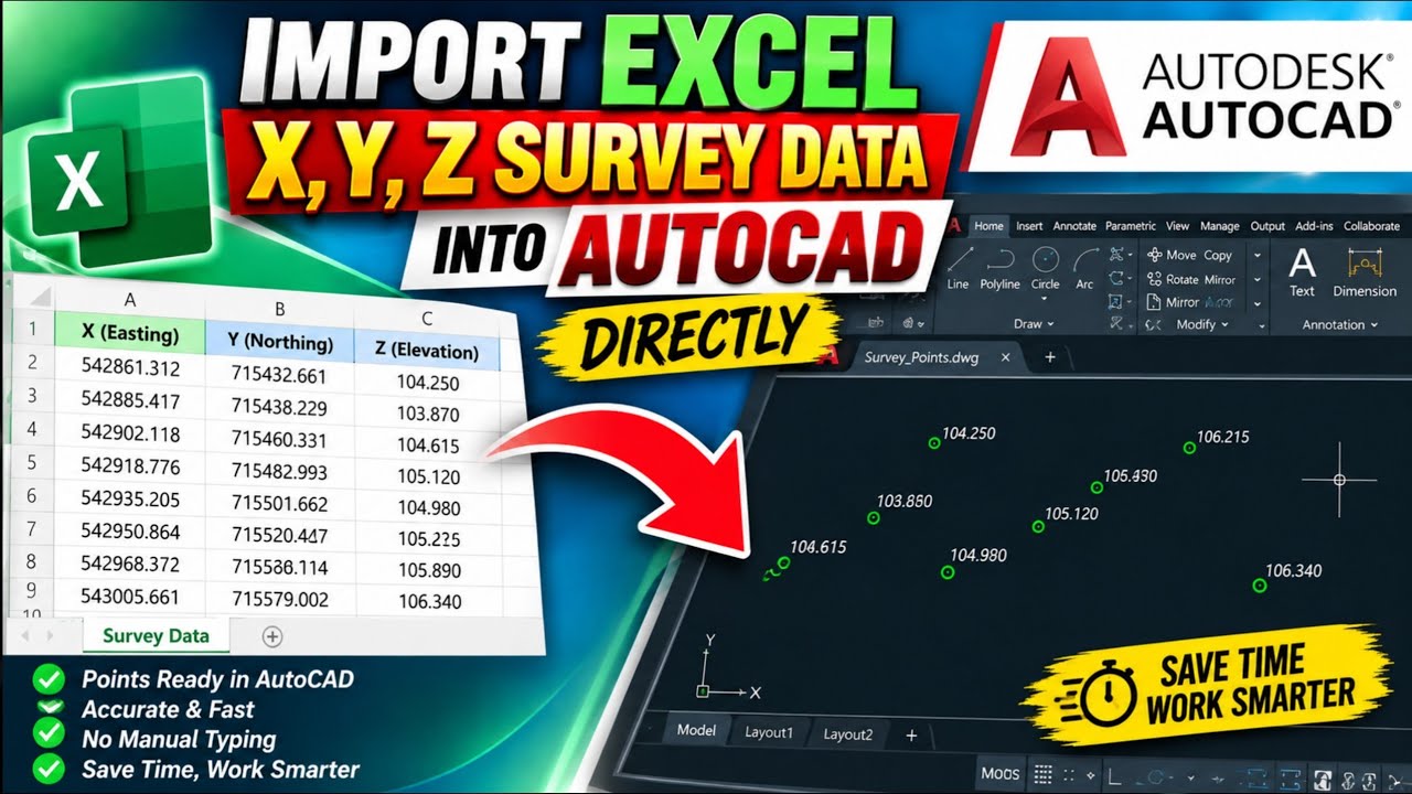 Import Excel X,Y, Z Survey Data into AutoCAD Directly || 3D Survey Data into AutoCAD in 2025