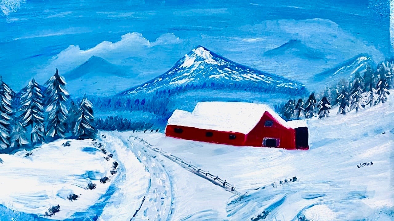 Mountain tent house in snow winter snowfall painting oil color painting