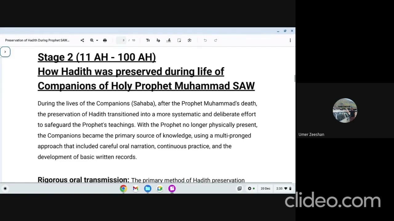 Online class 20 Dec History and Importance of Hadith Lecture 3