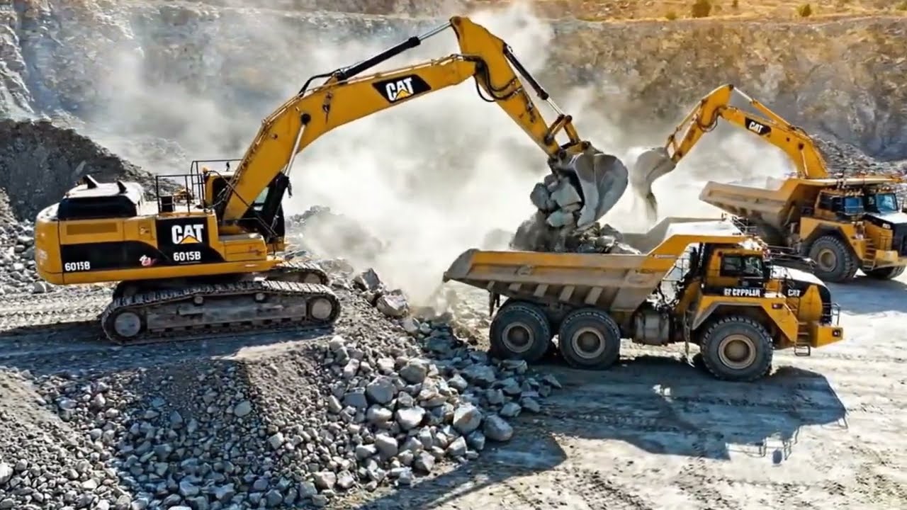 Caterpillar 365C Excavator Loading Trucks And Operator View
