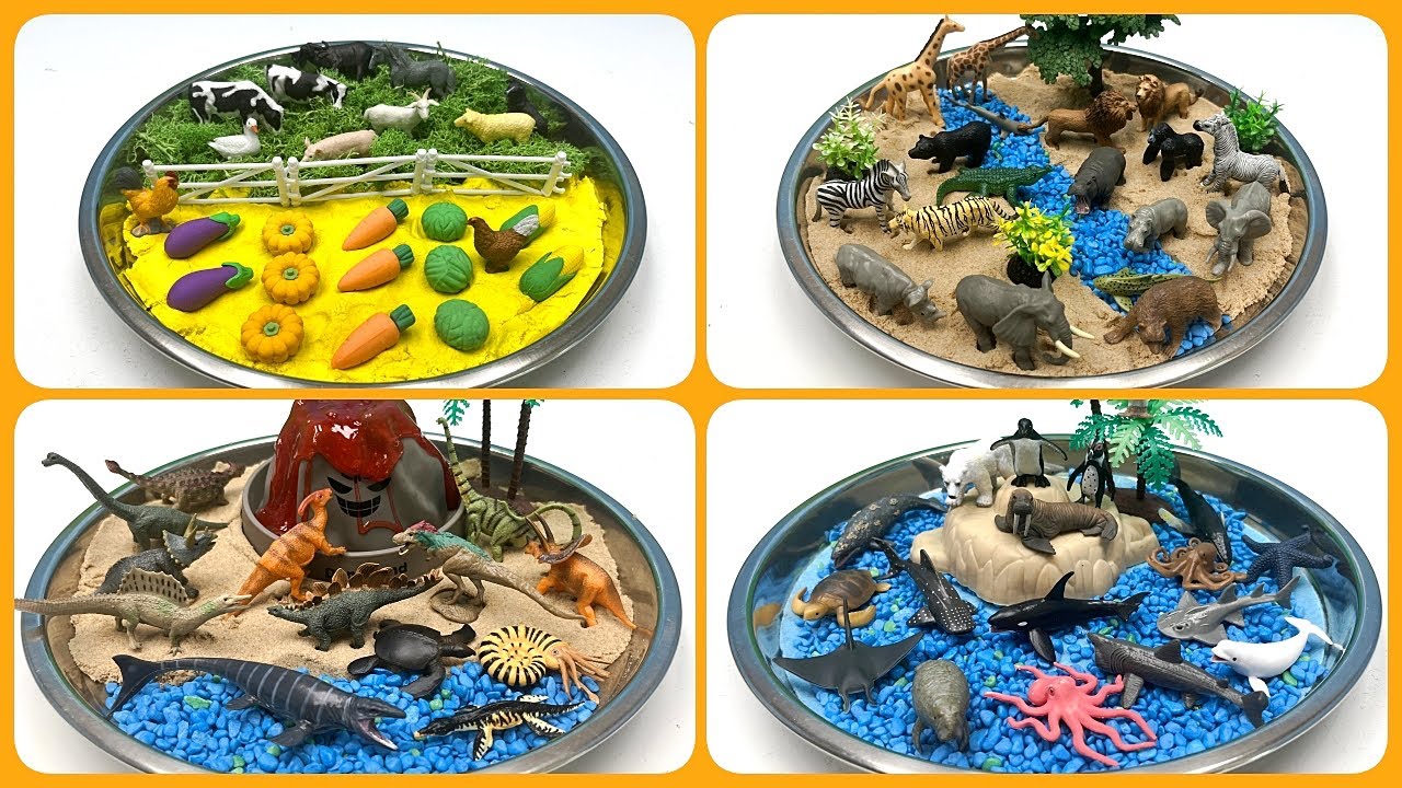 4 Small World In Silver Tray | Farm Safari Ocean Sea Dinosaur Animals