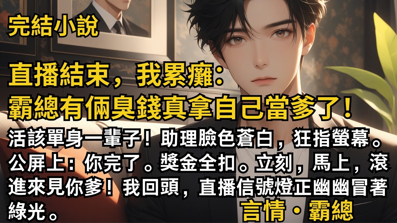 【完結小說】直播結束，我累癱：霸總有倆臭錢真拿自己當爹了！活該單身一輩子！助理臉色蒼白，狂指螢幕。公屏上：你完了。獎金全扣。立刻，馬上，滾進來見你爹！#一口氣看完 #小說 #完結 #甜文 #霸總