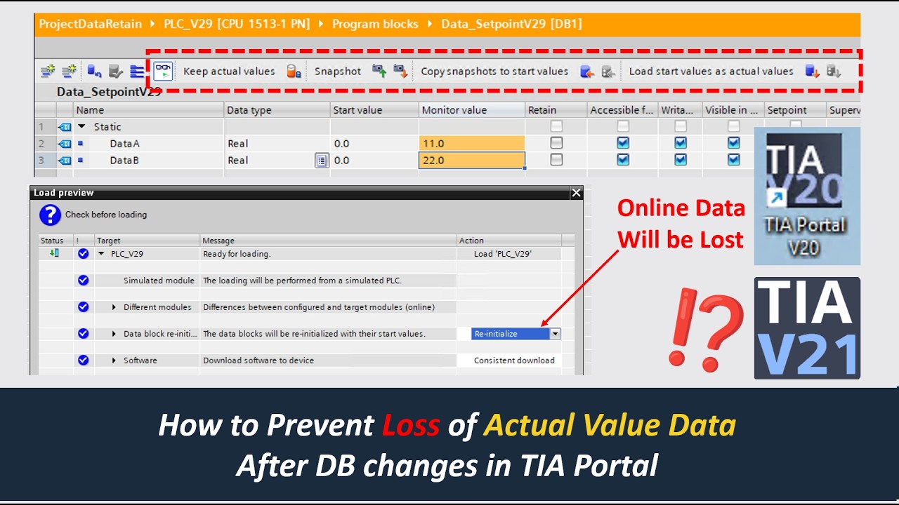 SC17. Prevent Siemens PLC Data Loss from TIA Portal DB Reinitialization (Data Reserve, Snapshot)