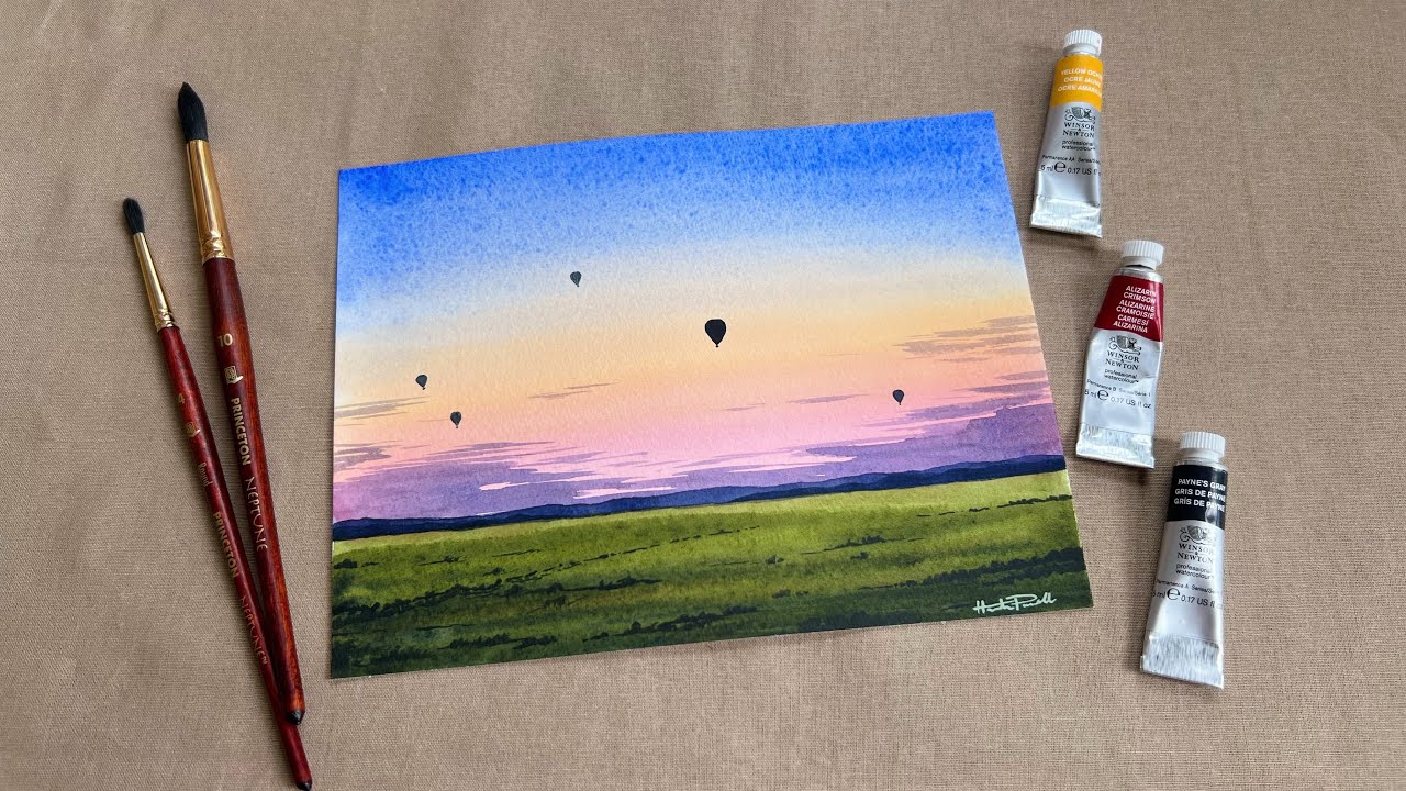 Paint n sip #95 | Восход солнца на воздушном шаре | Уютный урок по акварельному пейзажу в реально...