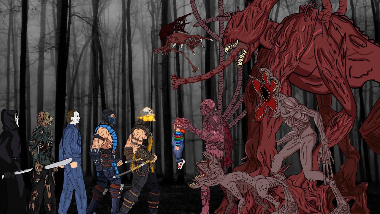 Sub-Zero, Scorpion , Jason Voorhees Team Vs Stranger Things Monter. Drawing Cartoon 2.