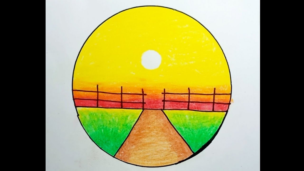 How To Draw Sunset Scenery With Crayons |Drawing Sunset Scenery In A Circle