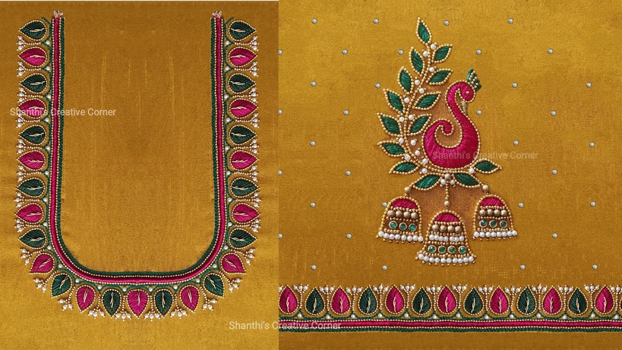 Beautiful peacock jhumka aari work with normal needle | peacock aari work blouse designs