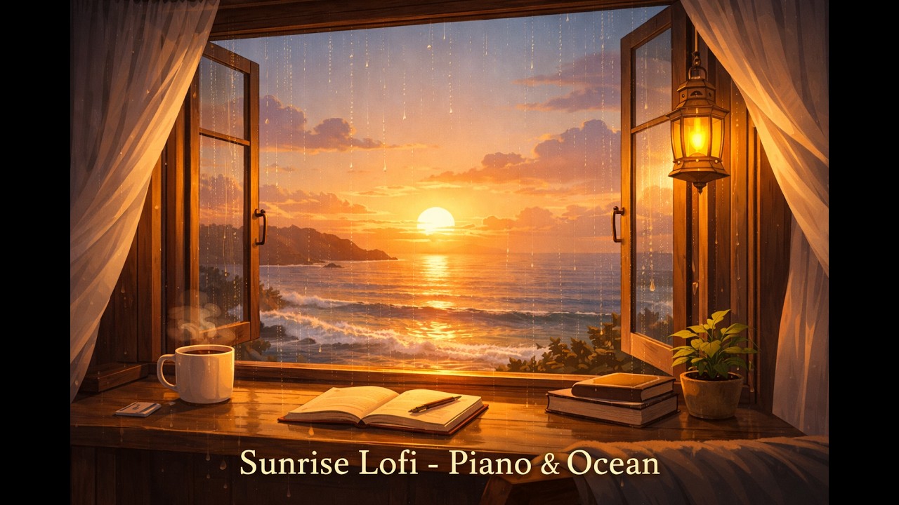 Sunrise Lofi 🌅 Piano & Rain Sounds with Ocean Waves for Deep Focus (1.5 Hour Study Mix)