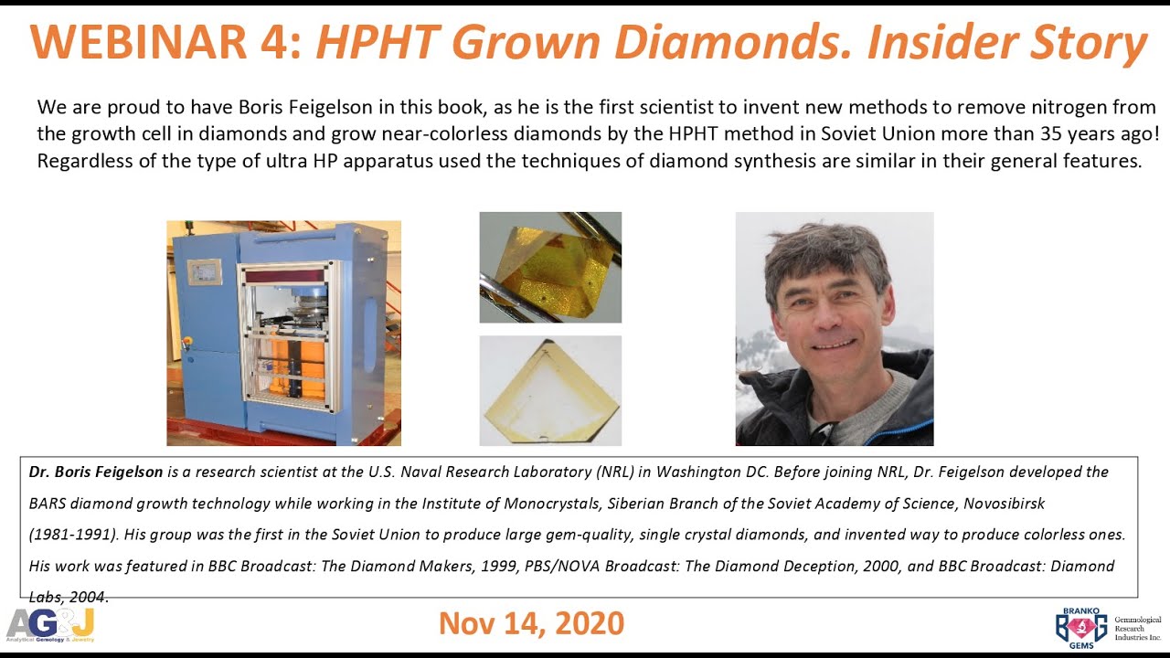 Webinar November 14 – HPHT Gem-Quality Diamonds Dr. Boris Feigelson