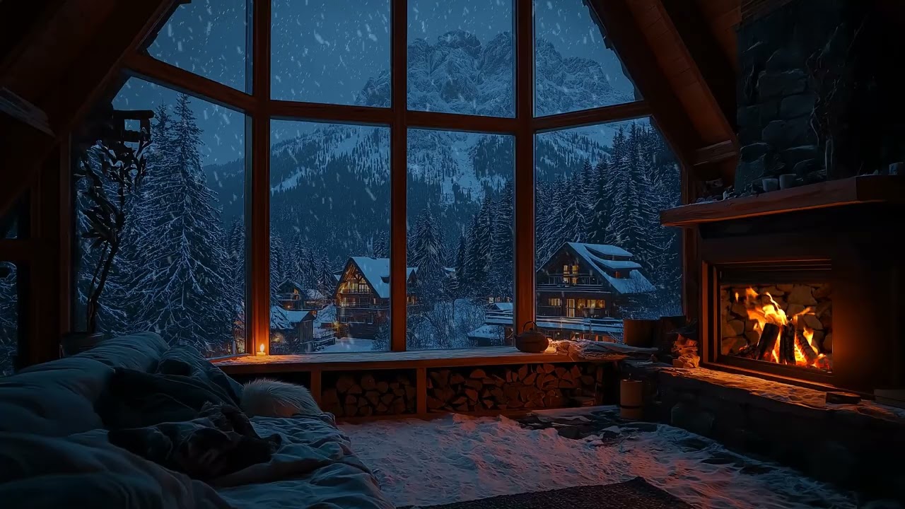 Winter Night Escape | Snowfall & Fireplace Ambience for Deep Sleep