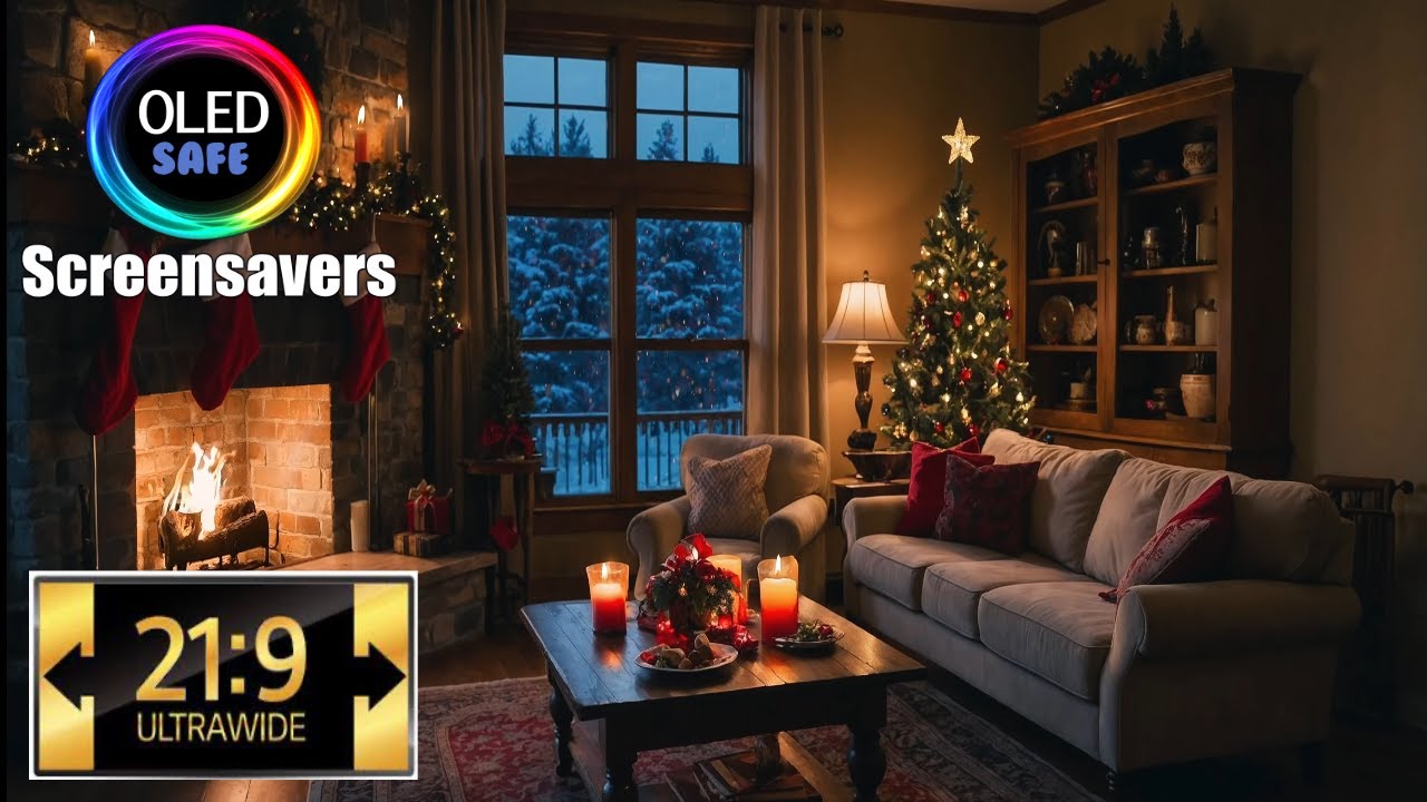 21:9 Widescreen Christmas Family Room Screensaver With Jazz Music - 10 Hours - 4K - OLED Safe