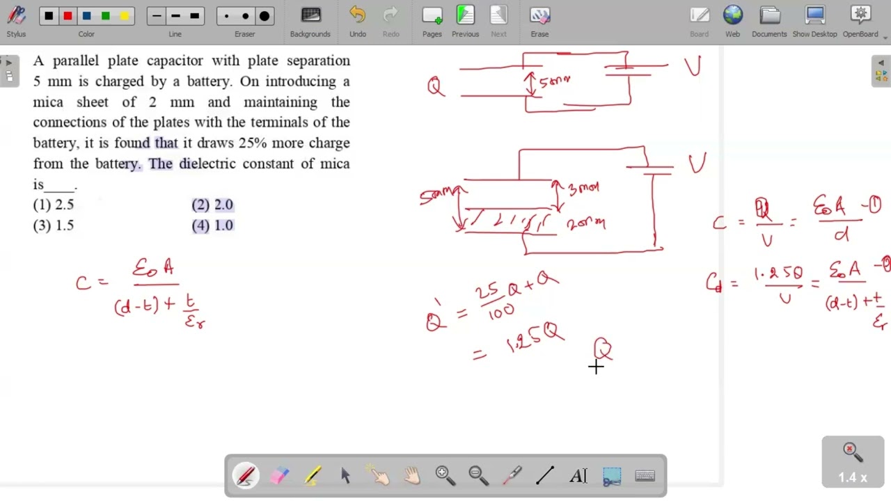 A parallel plate capacitor with plate separation 5 mm is charged by a battery. On introducing a mica