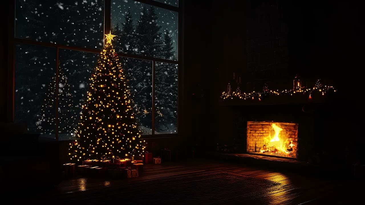 Warm Fireplace Glow with Falling Snow | Winter Night Ambience for Relaxation and Deep Rest