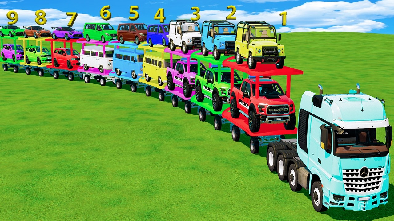 LONG COLORFUL CONVOY TRANSPORT! POLICE CARS, FORD HAULED BY VOLVO TRUCK | FS22