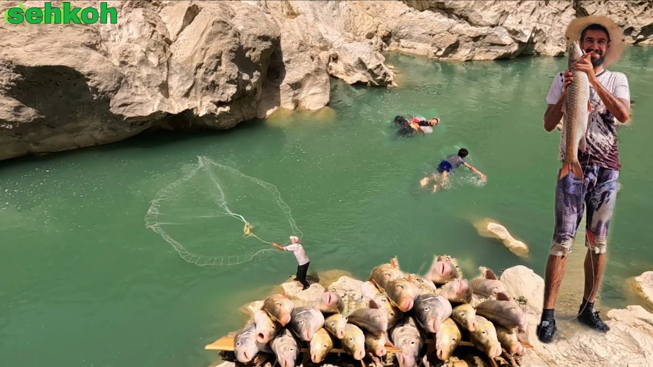 Fishing and Swimming in a Mountain River | Nomadic Survival Life in Zagros