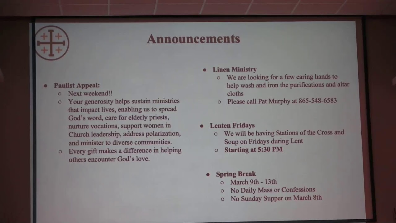 Second Sunday of Lent St. John XXIII Parish-  Campus of The University of Tennessee. 2026