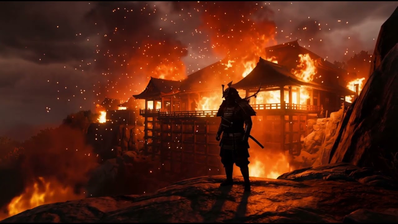 Burning Temple Night 🔥 Dark Samurai Ambience for Focus (3 Hours)