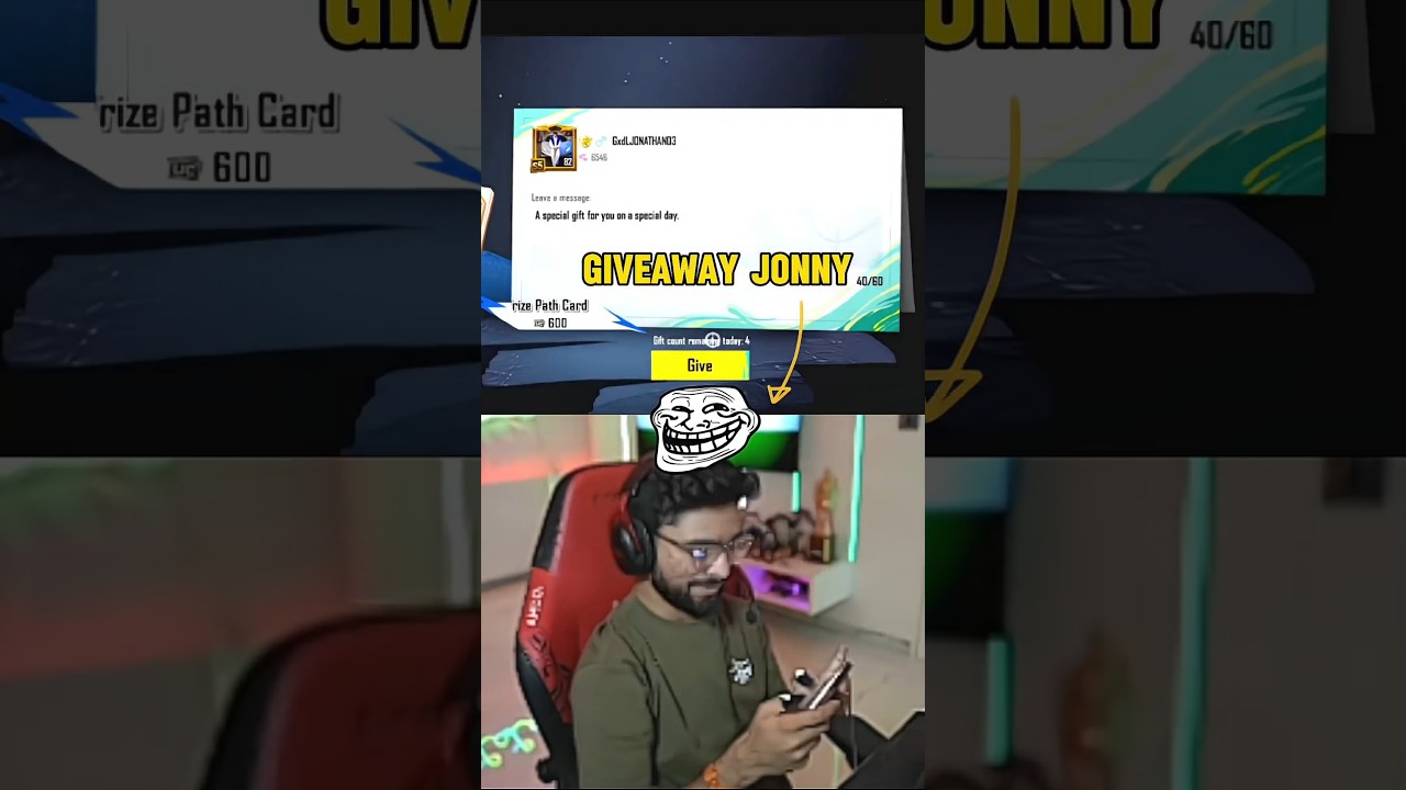 Jonathan Ko GIVEAWAY 😂 Lolzzz Gaming @JONATHANGAMINGYT #bgmi #jonathan #lolzzzgaming