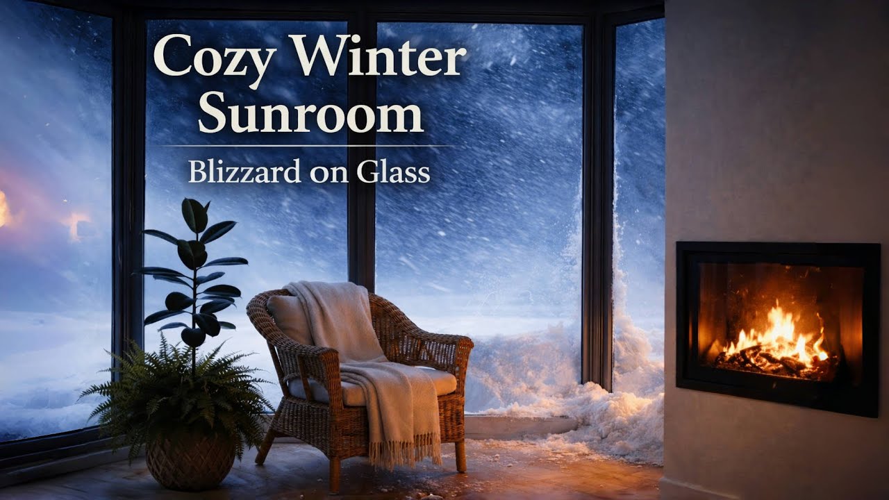 Cozy Winter Sunroom Ambience ❄️ Heavy Blizzard on Glass & Crackling Fireplace (8 Hours, No Fade)