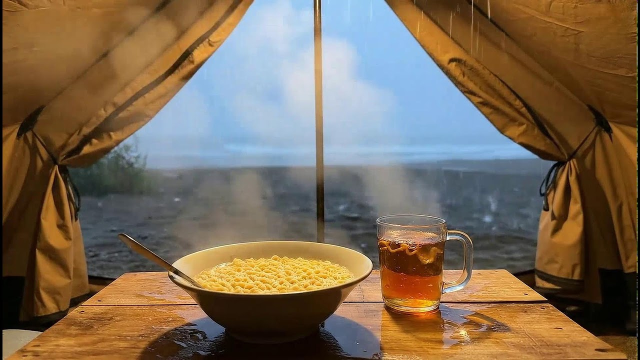 Cozy ASMR: Steaming Ramen & Hot Tea in Beach Tent During Heavy Rain 🍜 #RelaxingRain