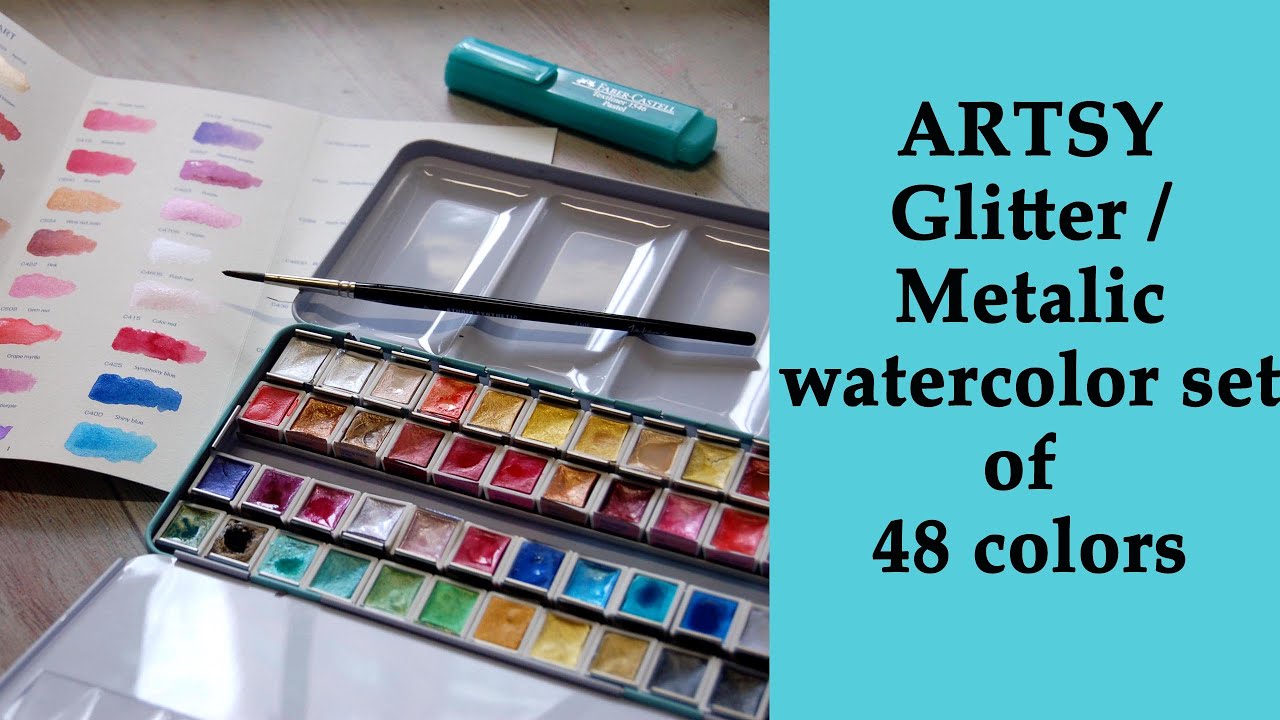 ARTSY Metallic (glitter) watercolor set / Swatching and first impression  #coloring #adultcoloring