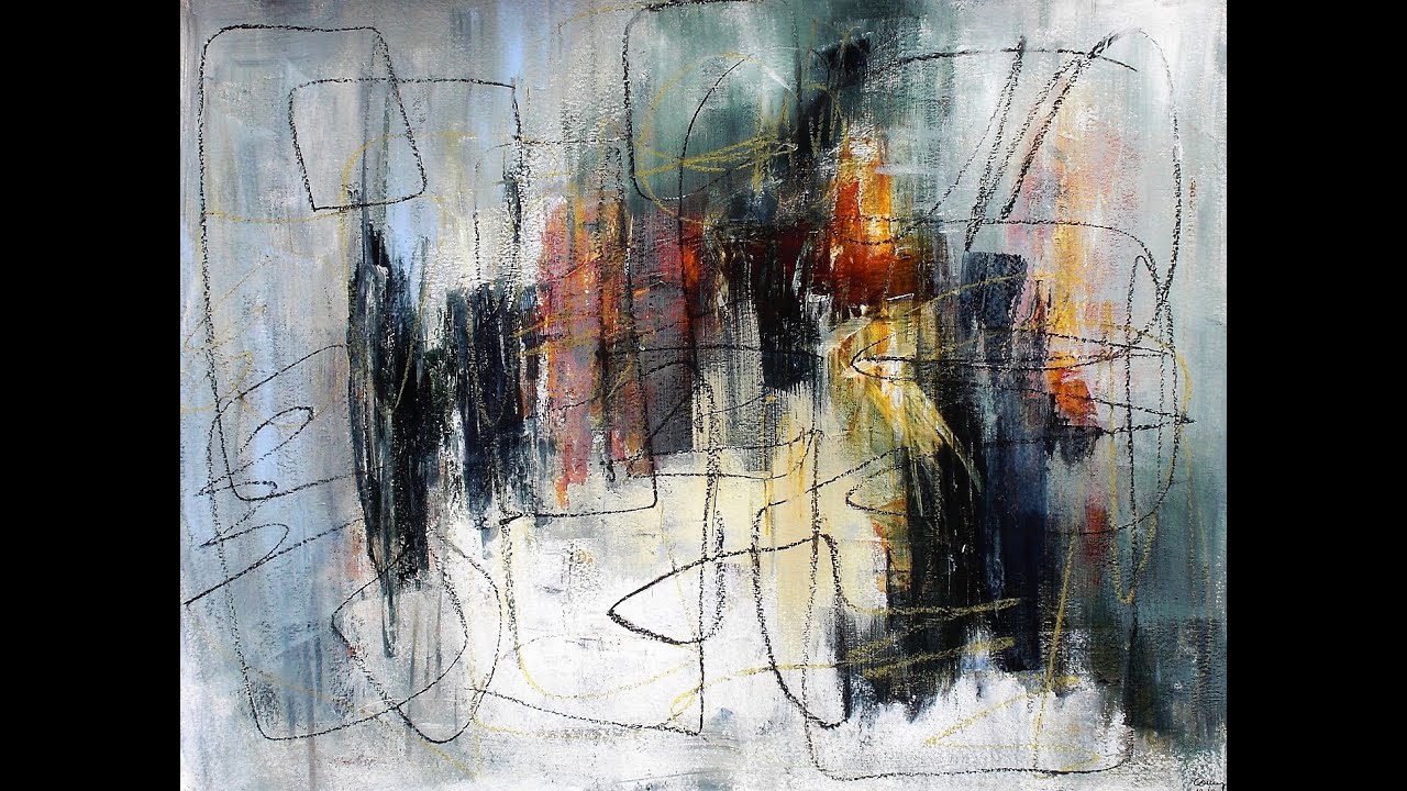 Acrylic abstract with markmaking, oilpastels