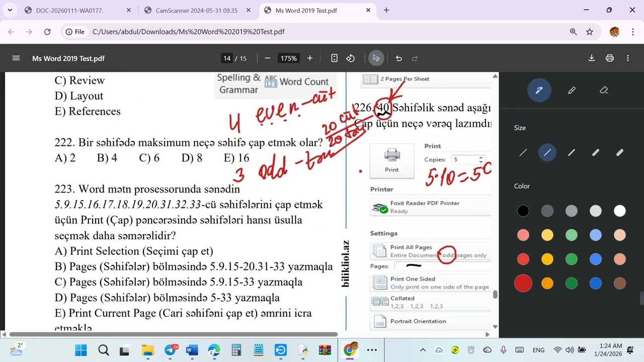 MS WORD İZLƏMƏDIN İMTAHANA GETMƏ. SƏHİFƏ NÖMRƏ TAPILMASI VƏ PRİNT MƏSƏLƏLƏRİ