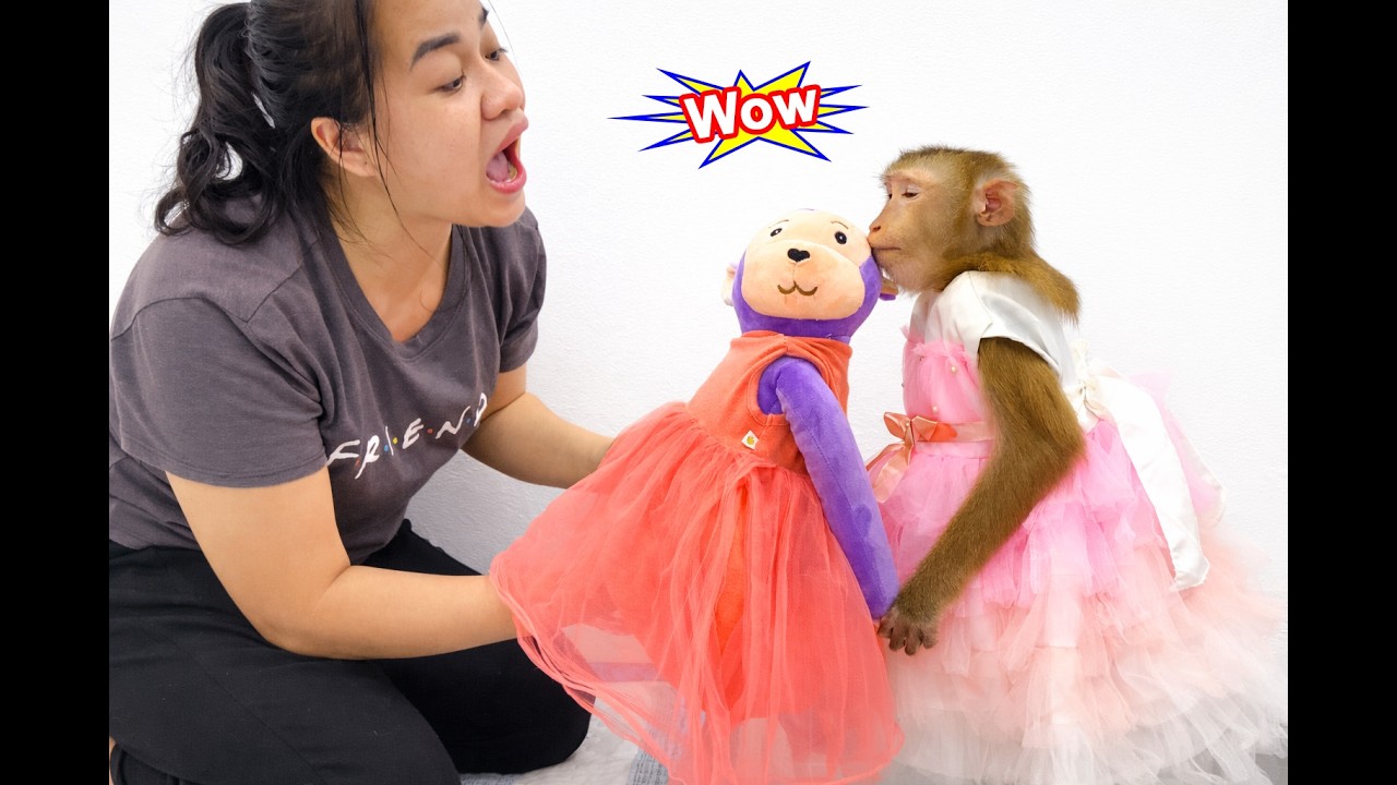 How heartwarming! Lyly the monkey chose a beautiful dress for her stuffed monkey friend.