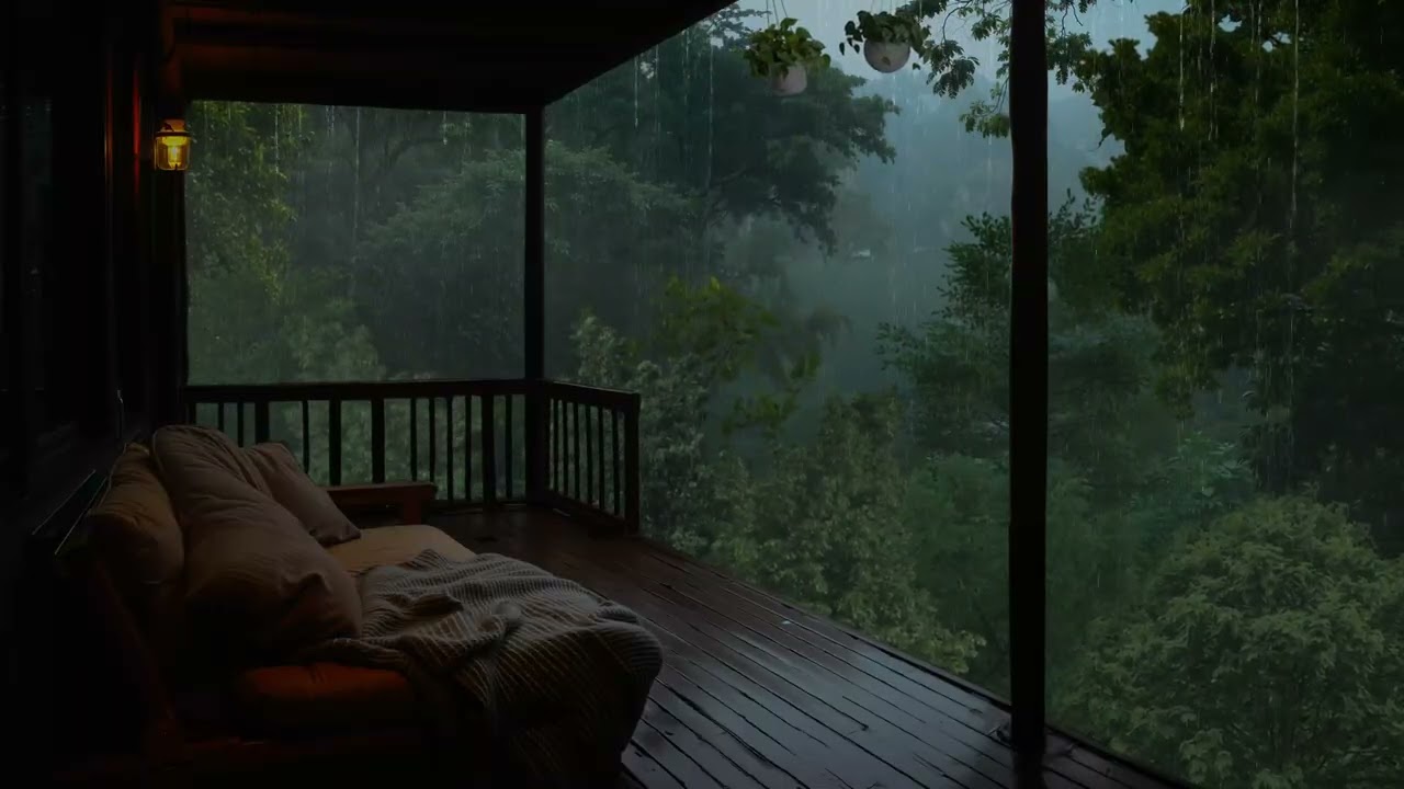 Rainy Day Forest Balcony Ambience | Soothing Rain Sounds for Sleeping, Studying and Relaxing
