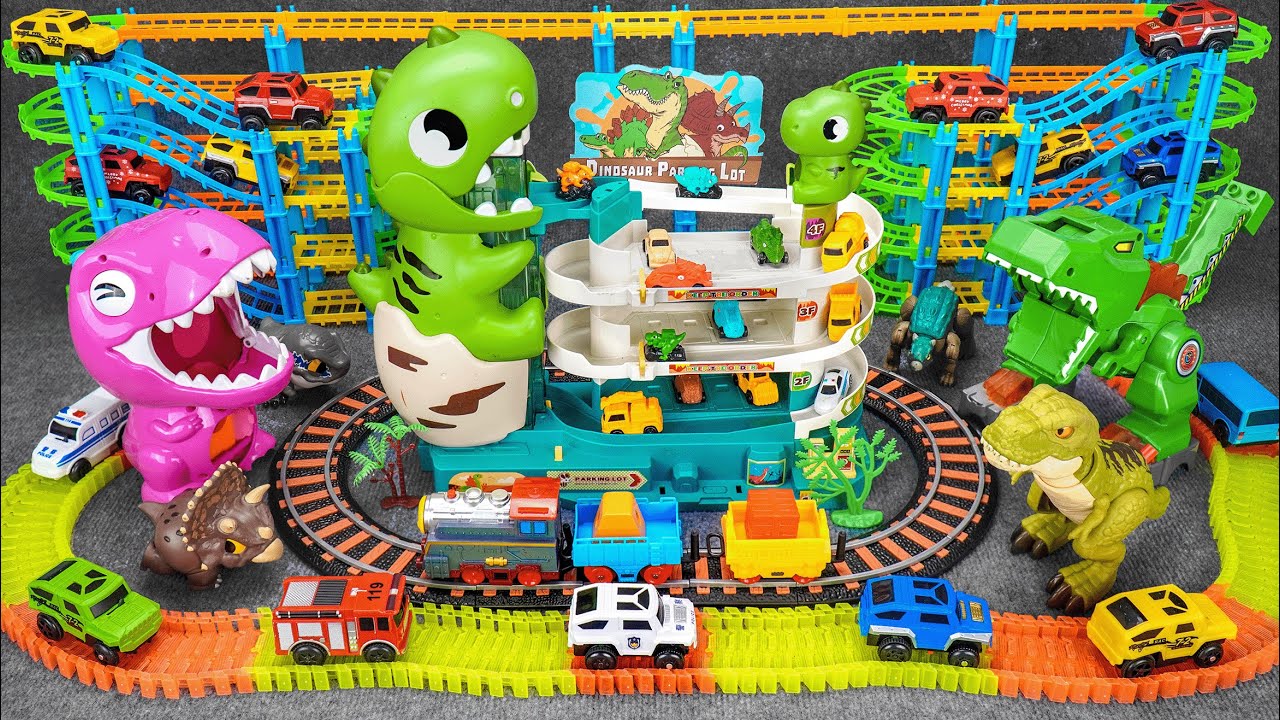49 minutes of satisfying Roller Lego track & Dinosaur Park vehicle track toy ASMR | Toy review