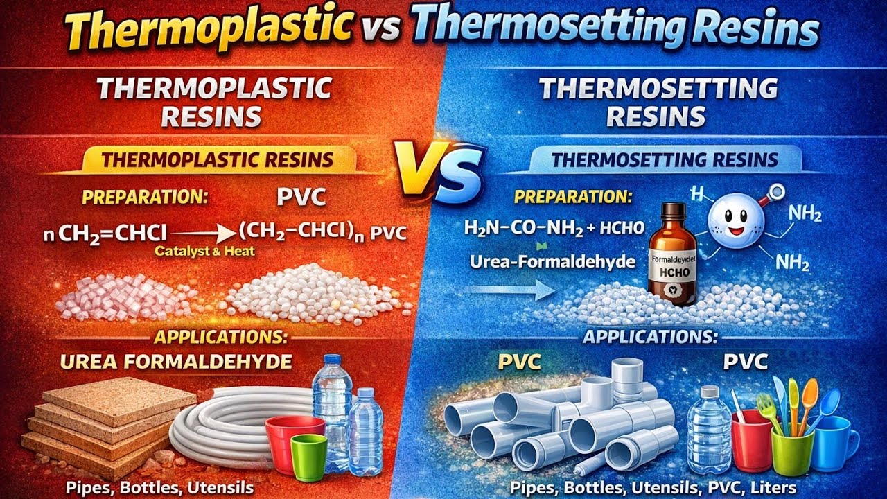 Distinguish between thermoplastic and thermosetting resins . Give preparation and application of