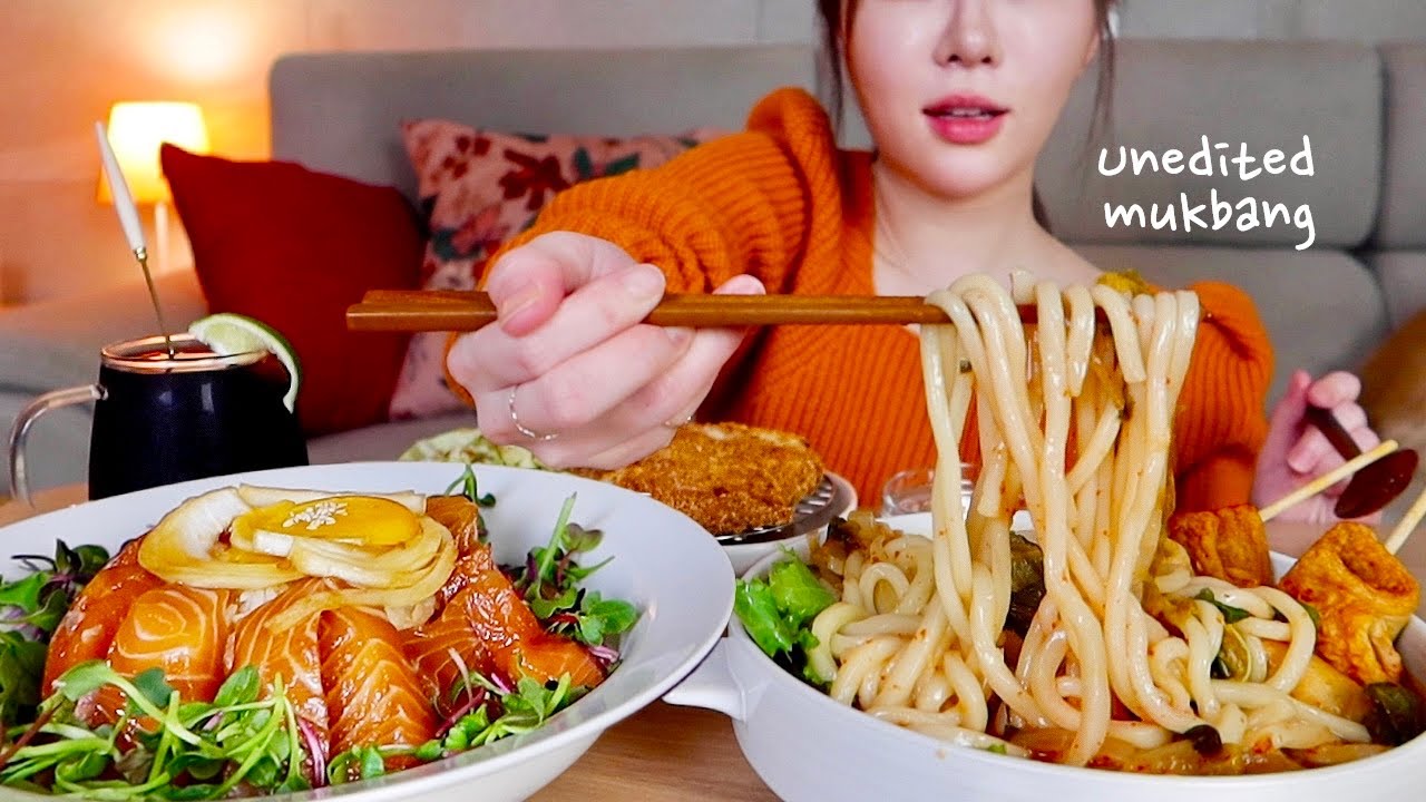 Unedited MUKBANGㅣ직접 만든 연어장 덮밥, 얼큰한 김치우동🌶🌶, 돈까스 먹방 Marinated Salmon, Kimchi Udon, Pork cutlet