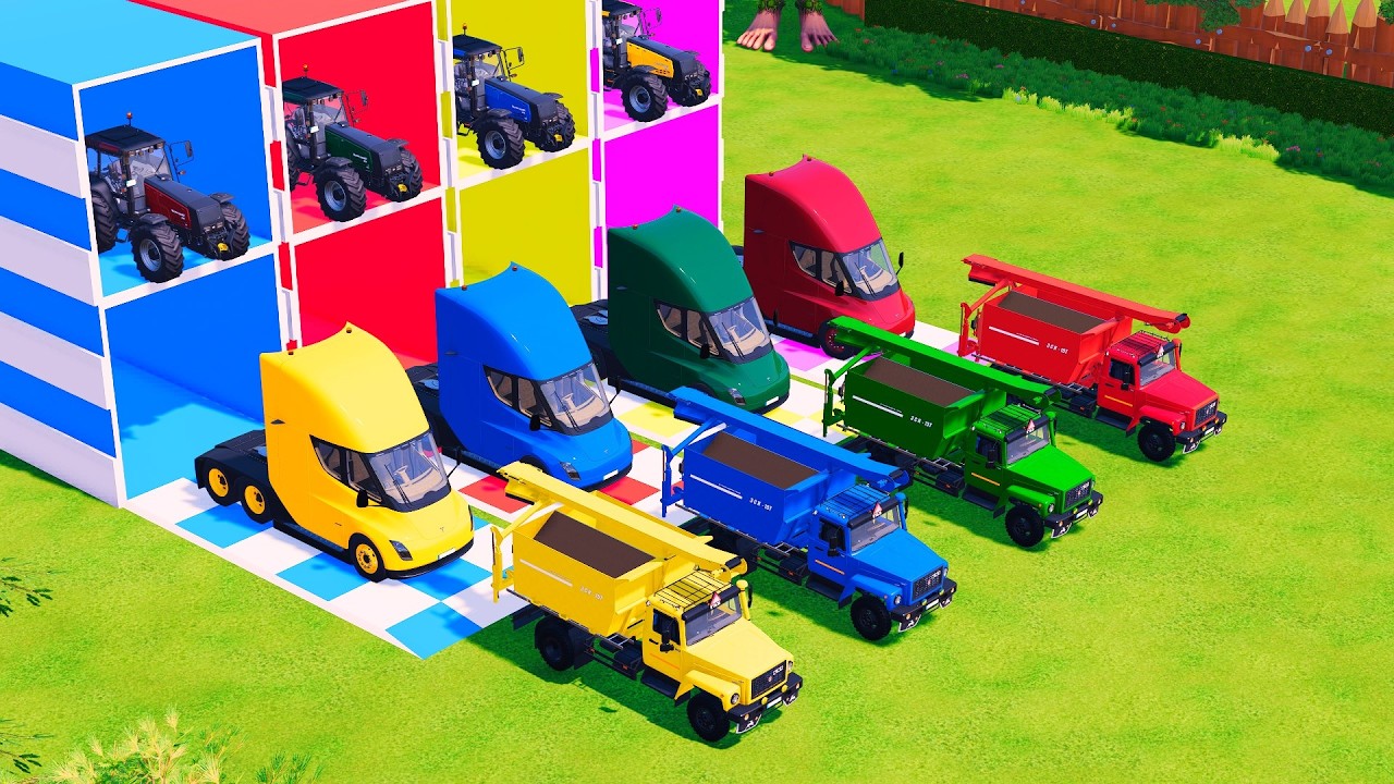 Transport with Colors - ALL MIXER TRUCK WITH DOUBLE FLATBED TRAILER TRUCK & TRACTOR! FS22 #102