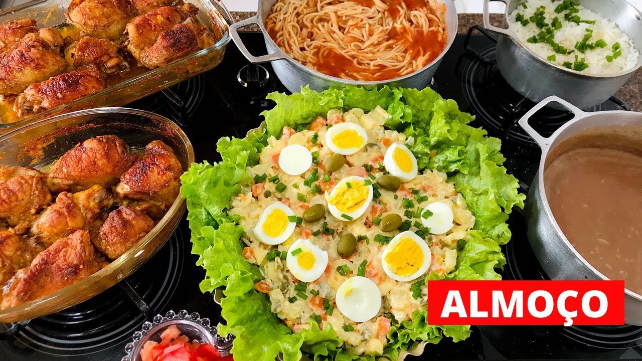 Almoço de domingo, sobrecoxa na cerveja, maionese, macarrão, salada e mais