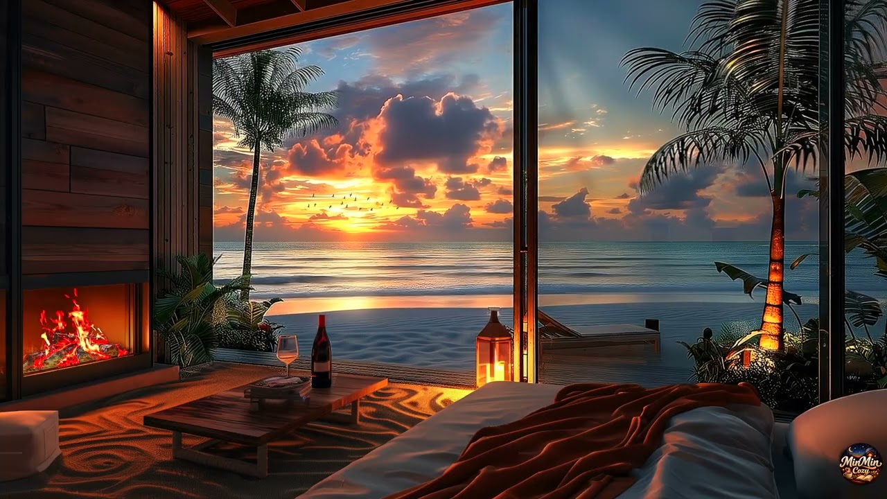 Beach Sunset & Warm Fireplace Ambience 🌴🔥 Ocean Waves for Sleep, Relax, Study