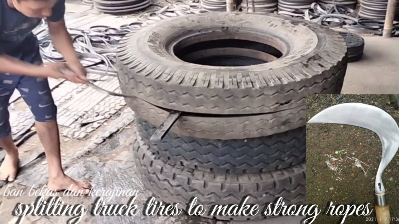 Making strong rubber straps from used truck tires