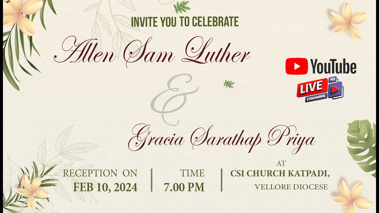 ALLEN SAM LUTHER   Weds   GRACIA SARATHAP PRIYA | Reception Ceremony | Live Streaming VELLORE