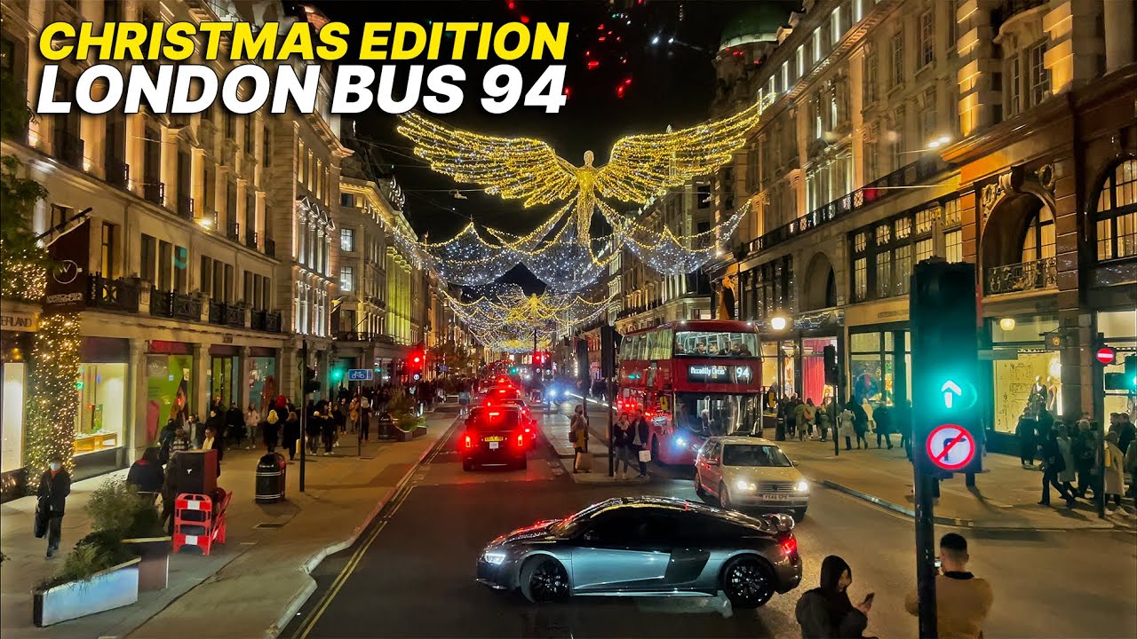 London Christmas lights from a double-decker bus passing Regents Street and Oxford Street - Route 94