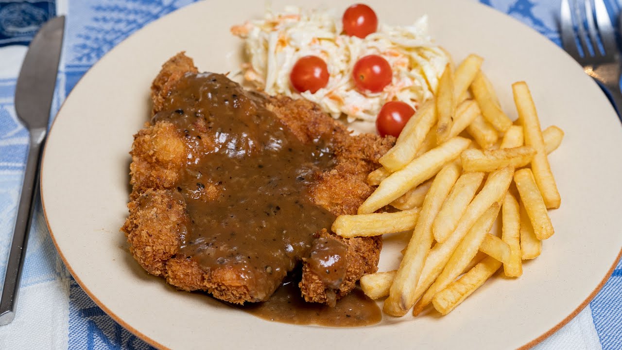 Fried Chicken Chop, Homemade Blackpepper Sauce & Coleslaw