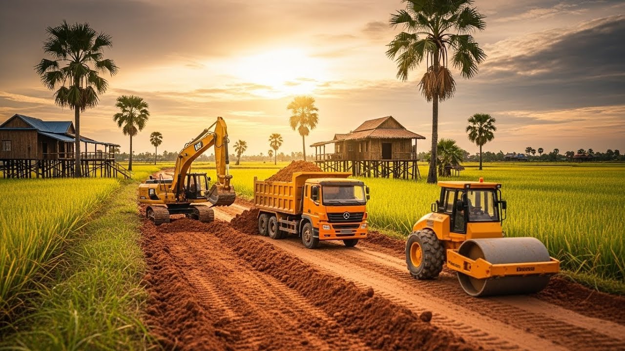 RC Road Construction in Rice Fields Realistic Miniature.