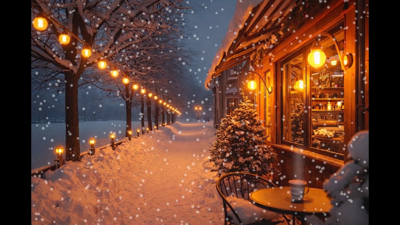 Cozy Winter Café Walk ☕❄️ Calming Piano, Snowfall & Warm Evening Ambience