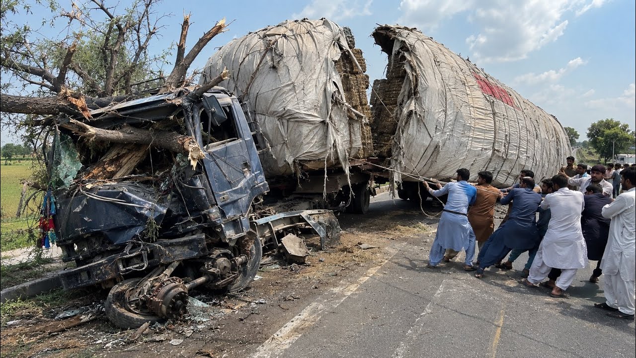 An Overloaded  Truck Lost Control, Crashed into a Ravine, and Was Repaired on the Road Immediately.