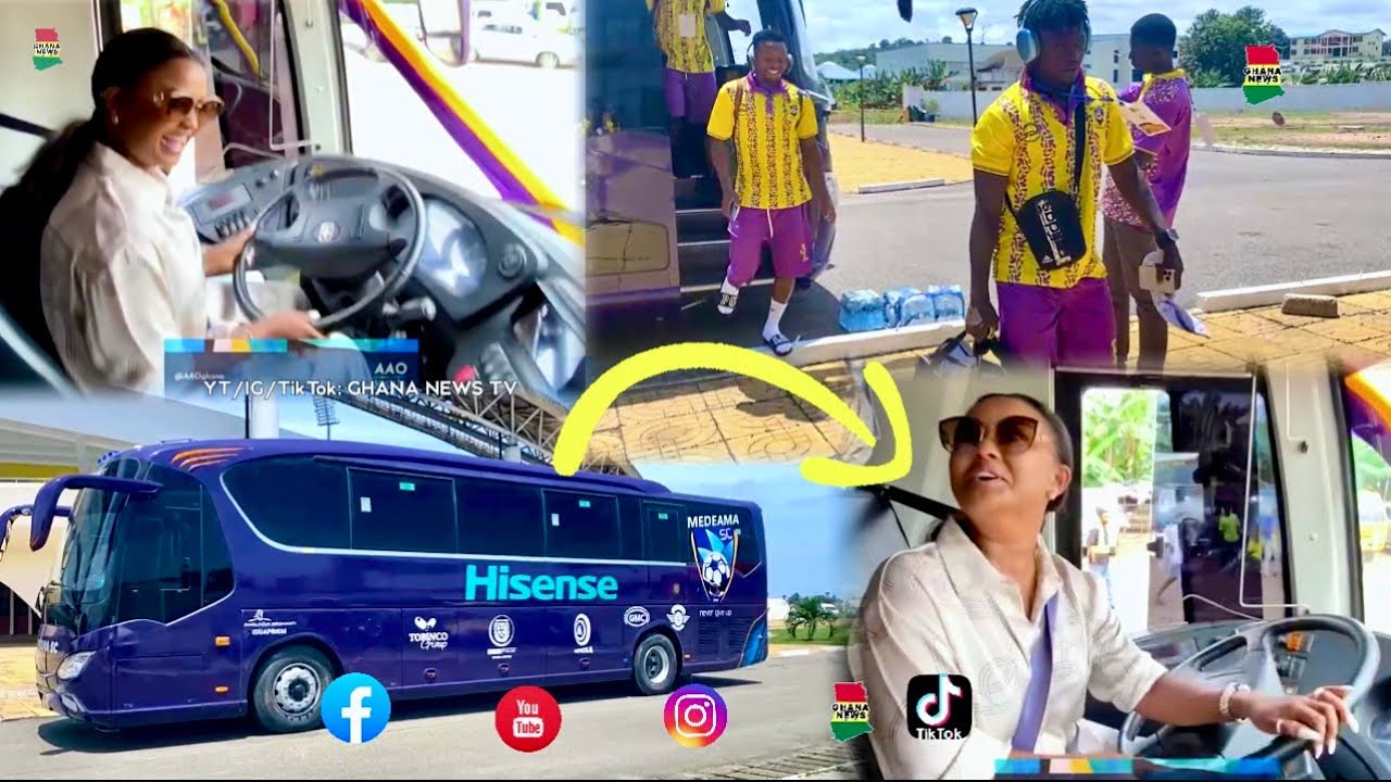 Medeama FC arrives in Cape Coast Stadium 1st time with the New Bus Ama McBrown delivered in Tarkwa