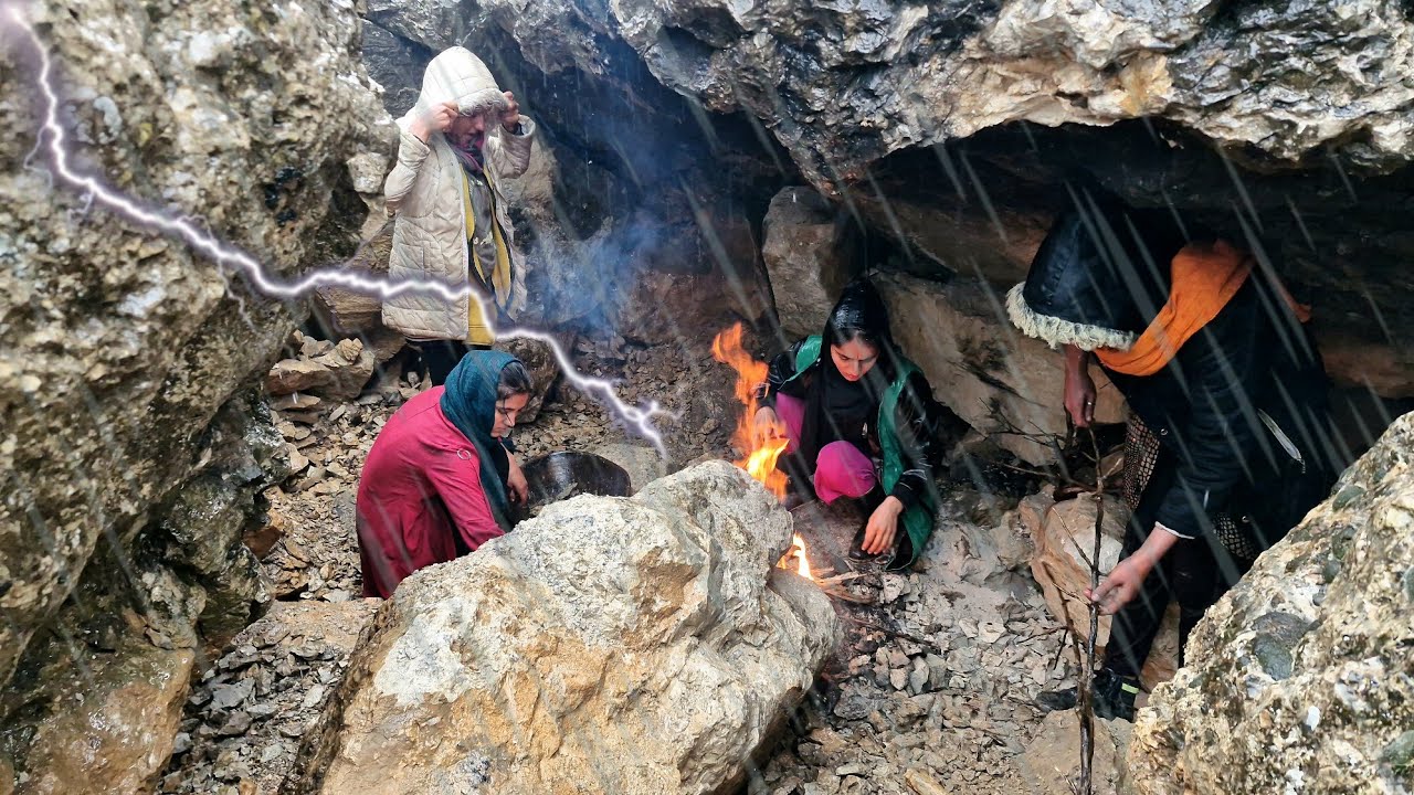 Life in a Cave ⚡🌧️ | Single Nomadic Girls' Struggle to Survive in Rain and Winter Storms