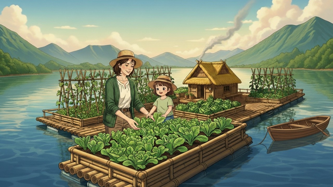 A Peaceful Life on a Floating Garden: Bamboo Harvest & Quiet Fishing | Ghibli-Style ASMR