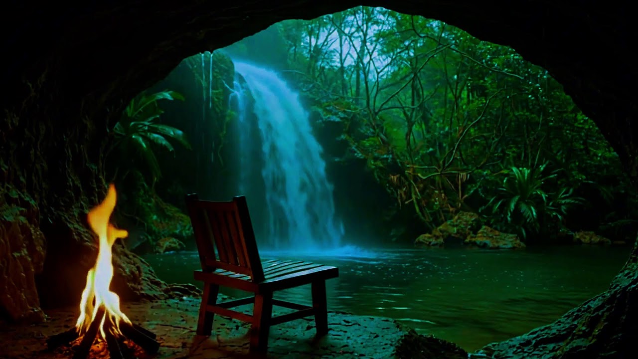 Peaceful Fire & Waterfall Ambience with Birds  | ASMR | Focus & Relax