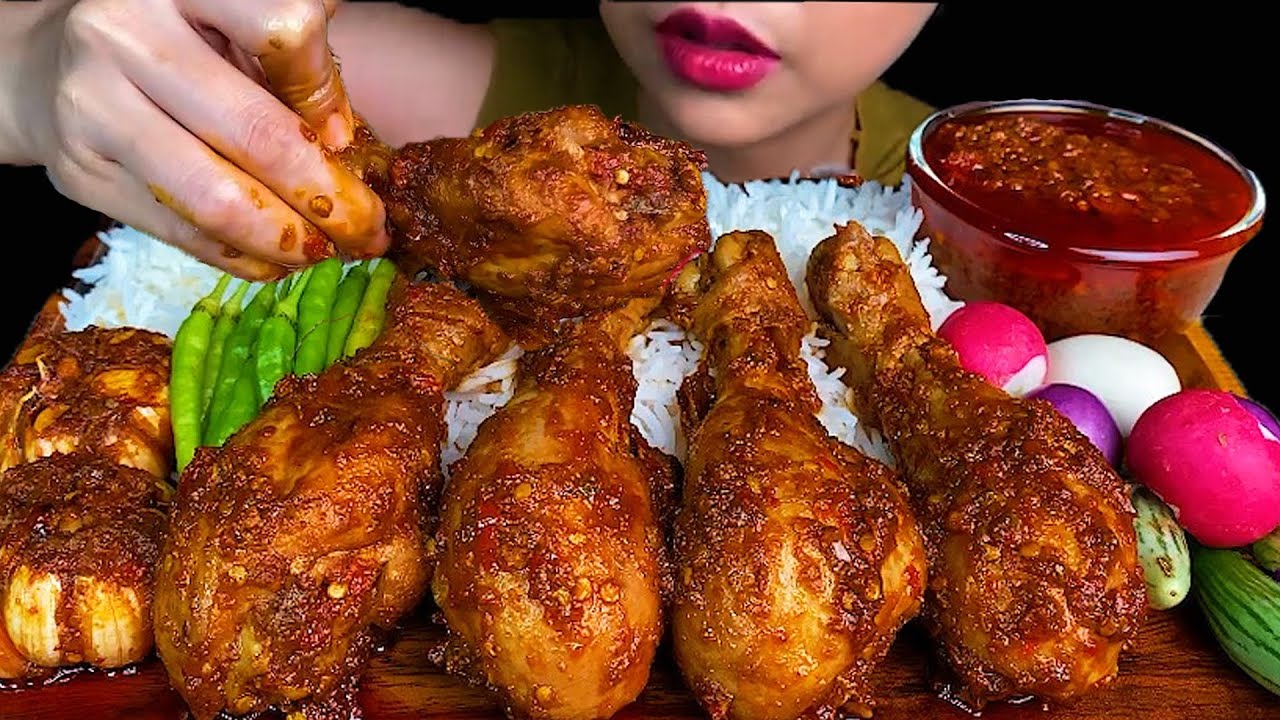 MUKBANG EATING||SPICY CHICKEN LEG WITH GARLIC CURRY & WHITE RICE