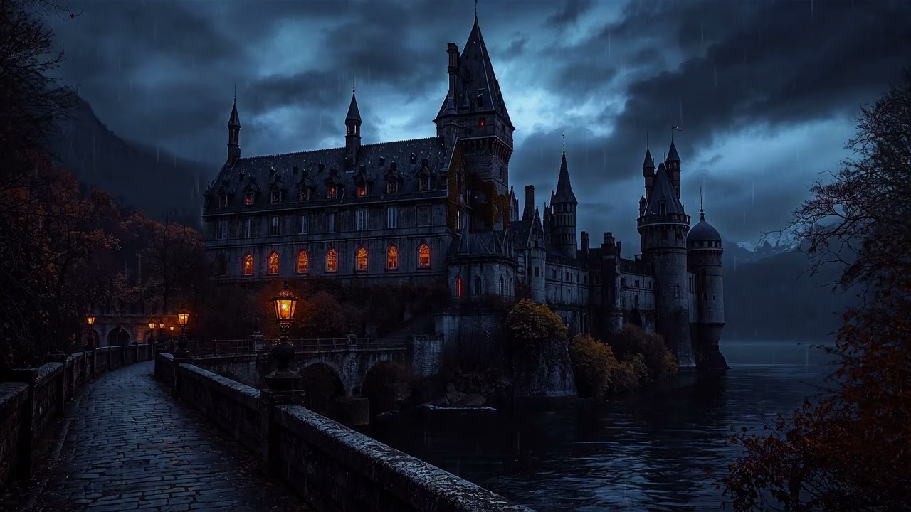 📖✨ Rainy Night with a Castle View Ambience || Rain Sounds & Night Castle || Sleep Reading Relax