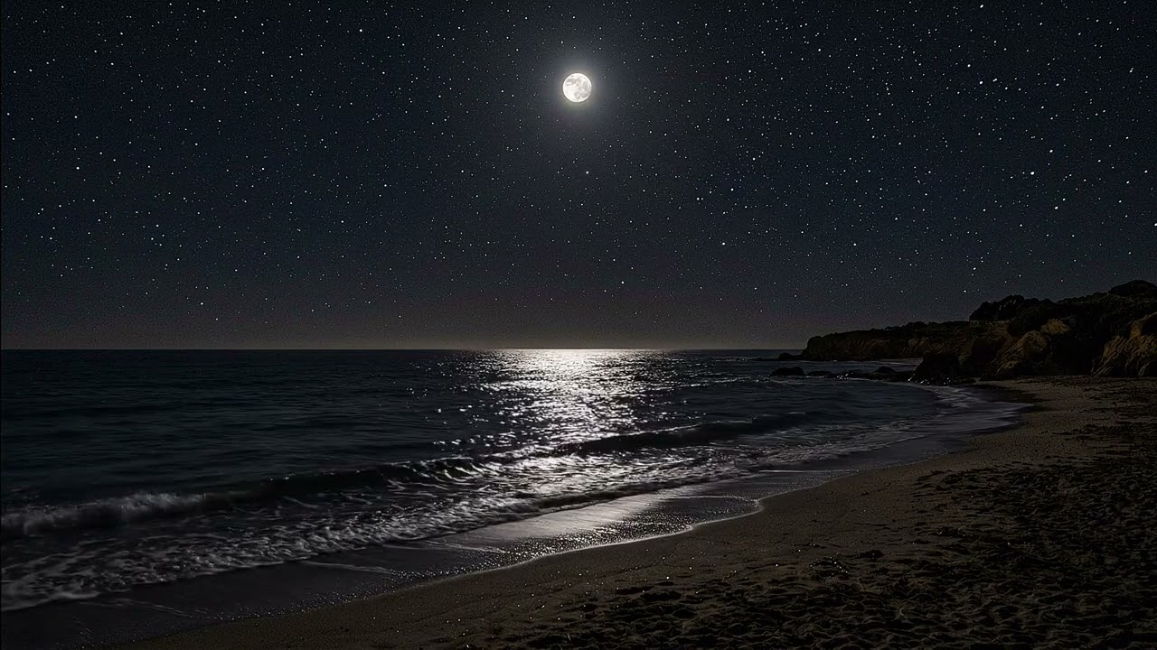 Moonlit Beach at Night | Ocean Waves Under a Starry Sky